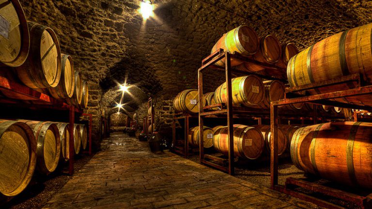 A wine cellar with many barrels of wine.