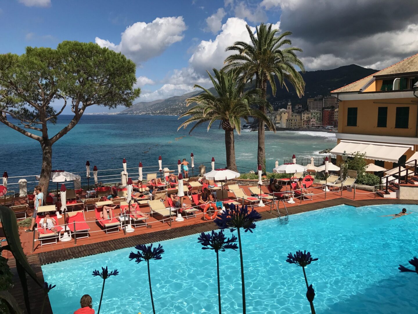 A pool with many chairs and umbrellas on the beach