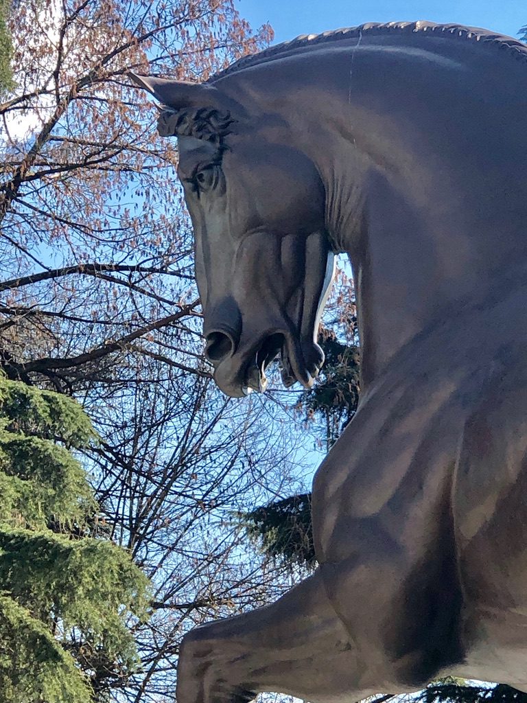 A horse statue in front of trees and sky.